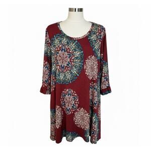 Unbranded Red Medallion Print Swing Dress Women’s Small Medium Hi-Low Hem Boho